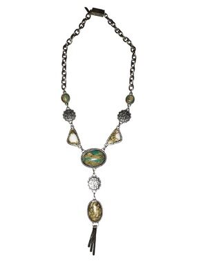 Silver-Tone Turquoise and Beige Statement Necklace - Women Jewelry